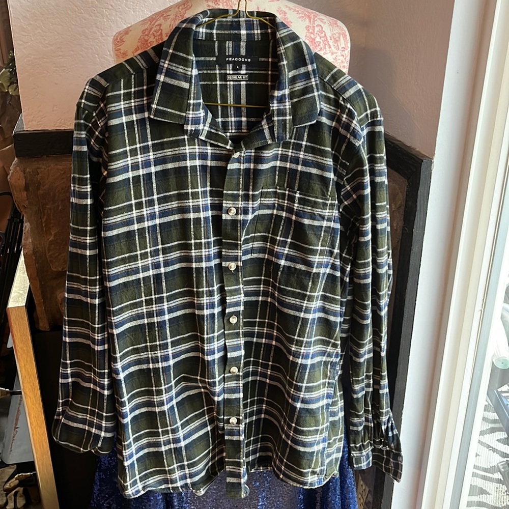Green Plaid Button Shirt. Size L. Brand: Peacock